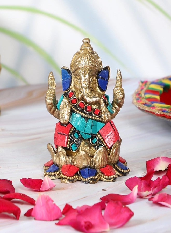 Two Moustaches Gemstone Work Brass Ganesha on Lotus Showpiece, Ganesha Idol for Home/Temple, Ganesha Idol for Pooja Room, Housewarming Gifts, Diwali Gifts, Standard, Pack of 1 - Image 3